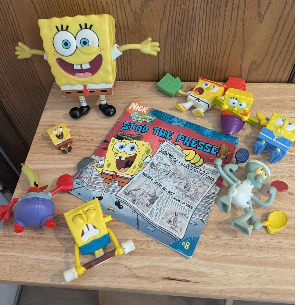 SpongeBob SquarePants Toy Lot -Figures Squidward Mr Krabs Book and Cards Bundle